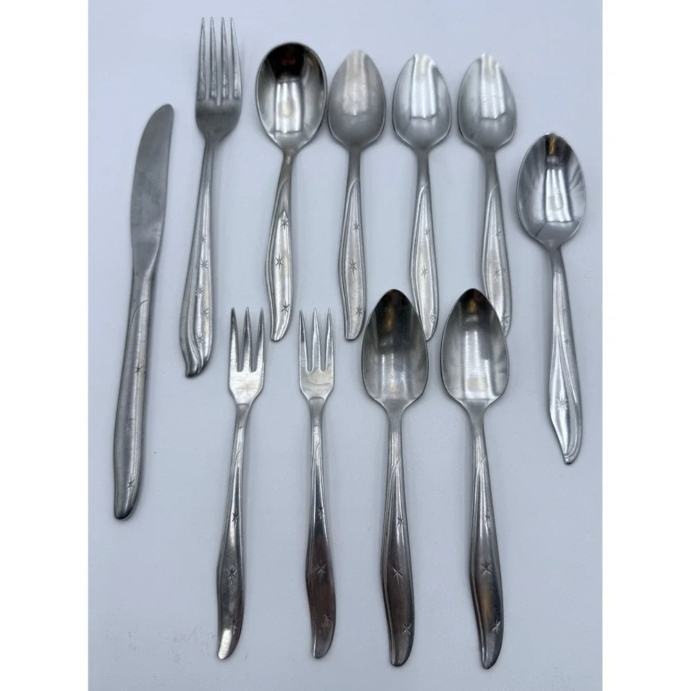 11 Mar-Crest, Kobe Atomic Star Flatware Pcs Mixed Lot Spoons Appetizer Forks 60s